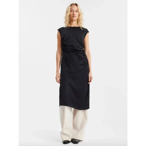 Holzweiler Isabell Gathered Satin Midi Dress Black Womens, Size Small - Picture 1 of 8